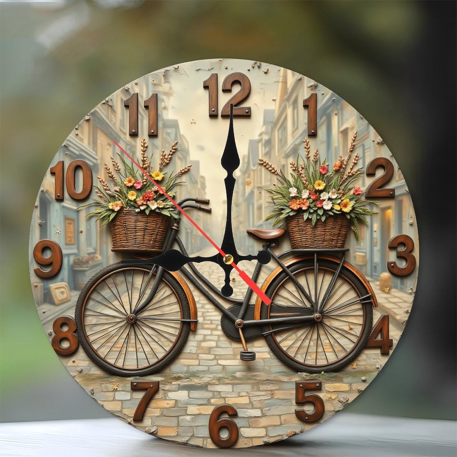Lancholy Vintage Bicycle Flower Basket Wall Clock 10-Inch Wooden Wall Clock, Silent Movement, Battery Operated (AA Batteries Not Included), Artistic