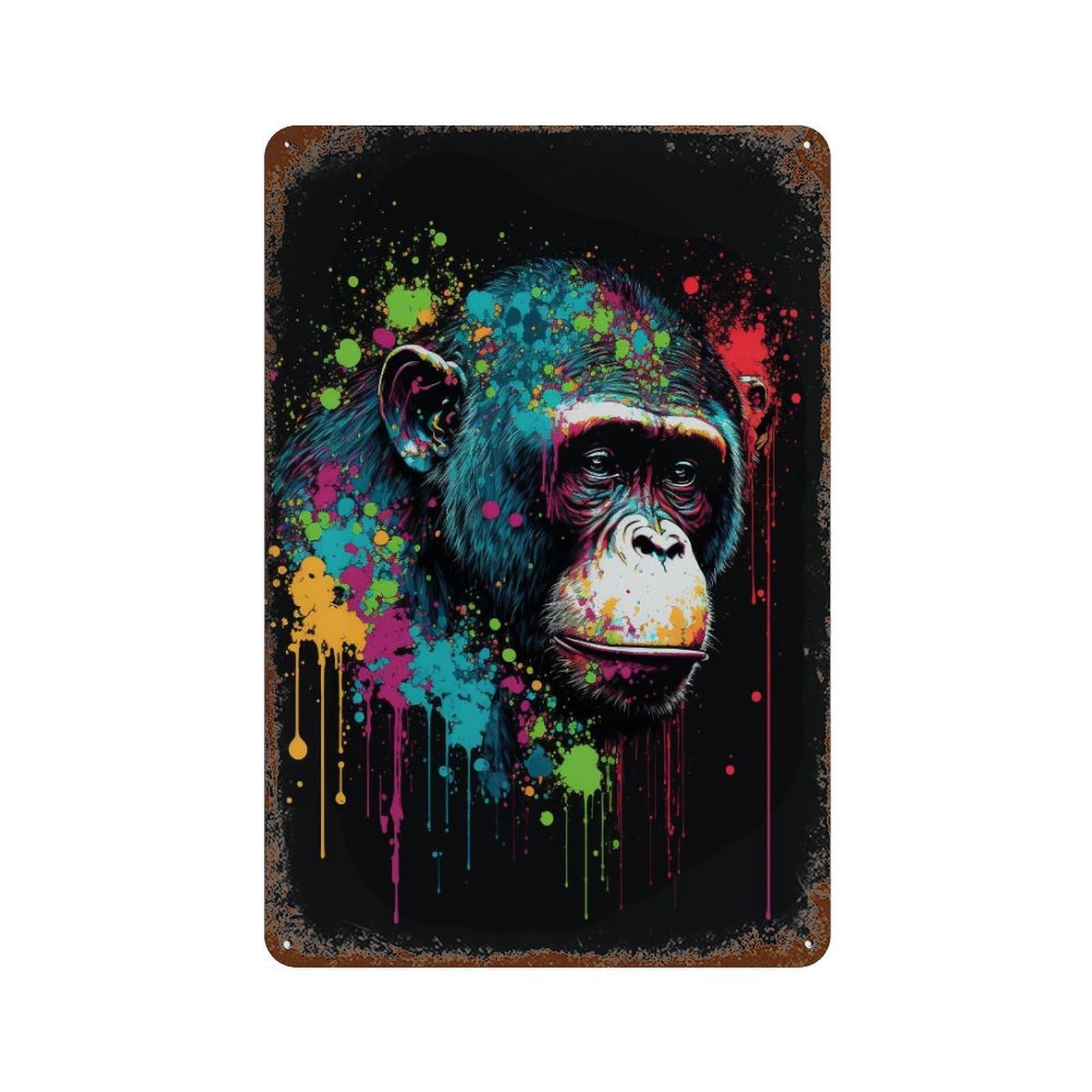 Vintage Rust Metal Sign Colorful Chimpanzee Art Print 11.8"x7.9", Old School Wall Decor for Garage, Bar And Workshop Decor