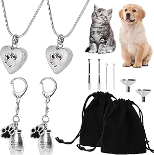 2 Set Pet Cremation Jewelry for Ashes, Dog/Cat Urns Keychain, Heart Urn Necklace Memorial Keepsake for Ashes with Filling Kit Storage Bag(Silver)