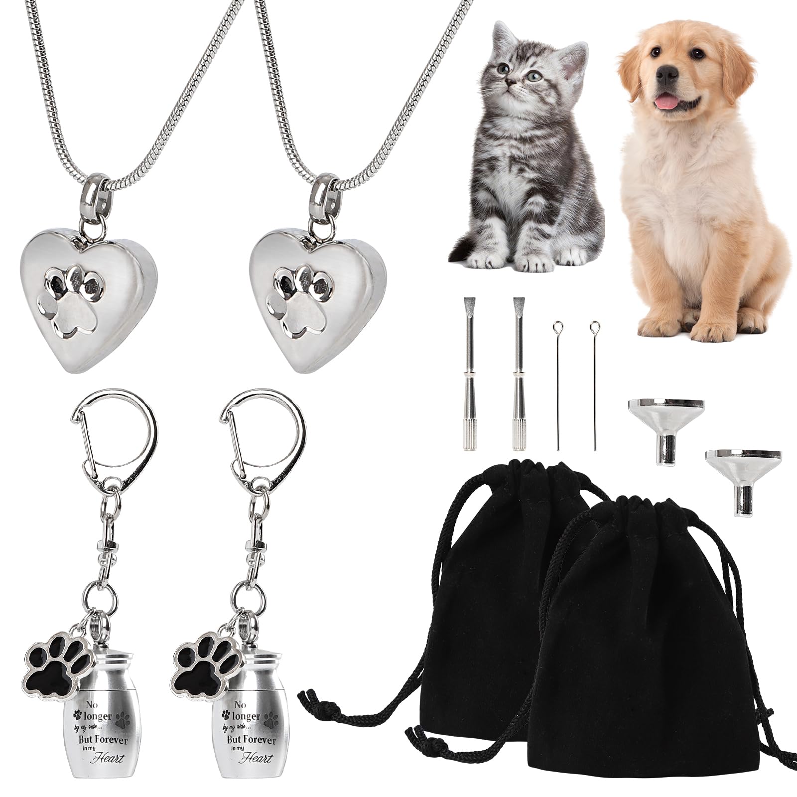 DISWALE 2 Set Pet Cremation Jewelry for Ashes, Dog/Cat Urns Keychain, Heart Urn Necklace Memorial Keepsake for Ashes with Filling Kit Storage Bag(