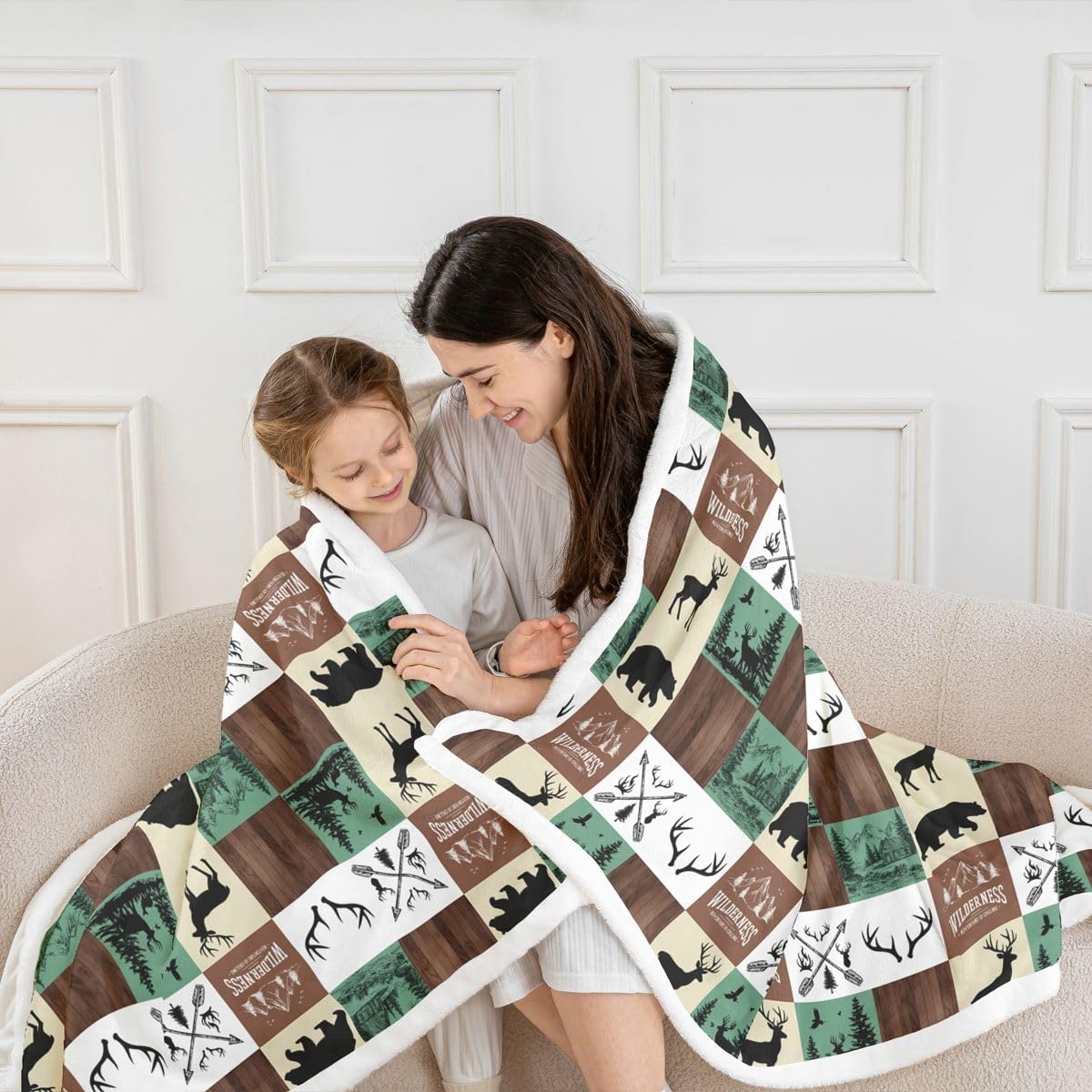Rustic Cabin Sherpa Blanket, Bear Deer Throw Blanket Twin Size For Kids Teens Adult, Hunting Farmhouse Cabin Fleece Blanket Vintage Lodge Plaid Patchwork Flannel Blanket For Sofa Couch, Brown Green