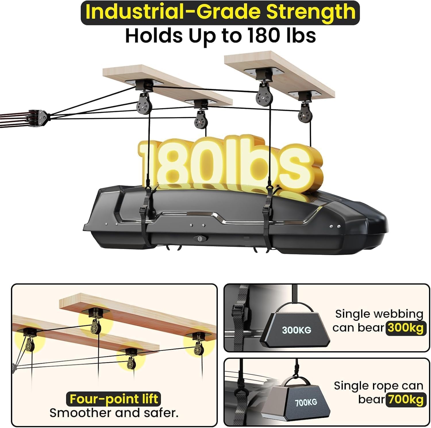 Cargo Box Ceiling Storage Hoist,180lbs Pulley System for Overhead Garage Ceiling Storage, Heavy Duty Pulley Lift System for Roof Cargo Box, Garage Hoist Fits 8-16ft