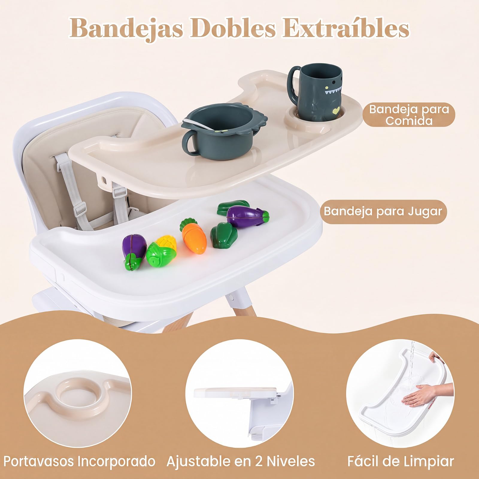 COSTWAY 4 en 1 Trona Convertible para Bebés con Reposapiés (Beige) | Silla Alta de Alimentación Evolutiva para Niños con Bandeja Desmontable y Ajustable, Arnés de 5 Puntos y Patas de Madera Haya
