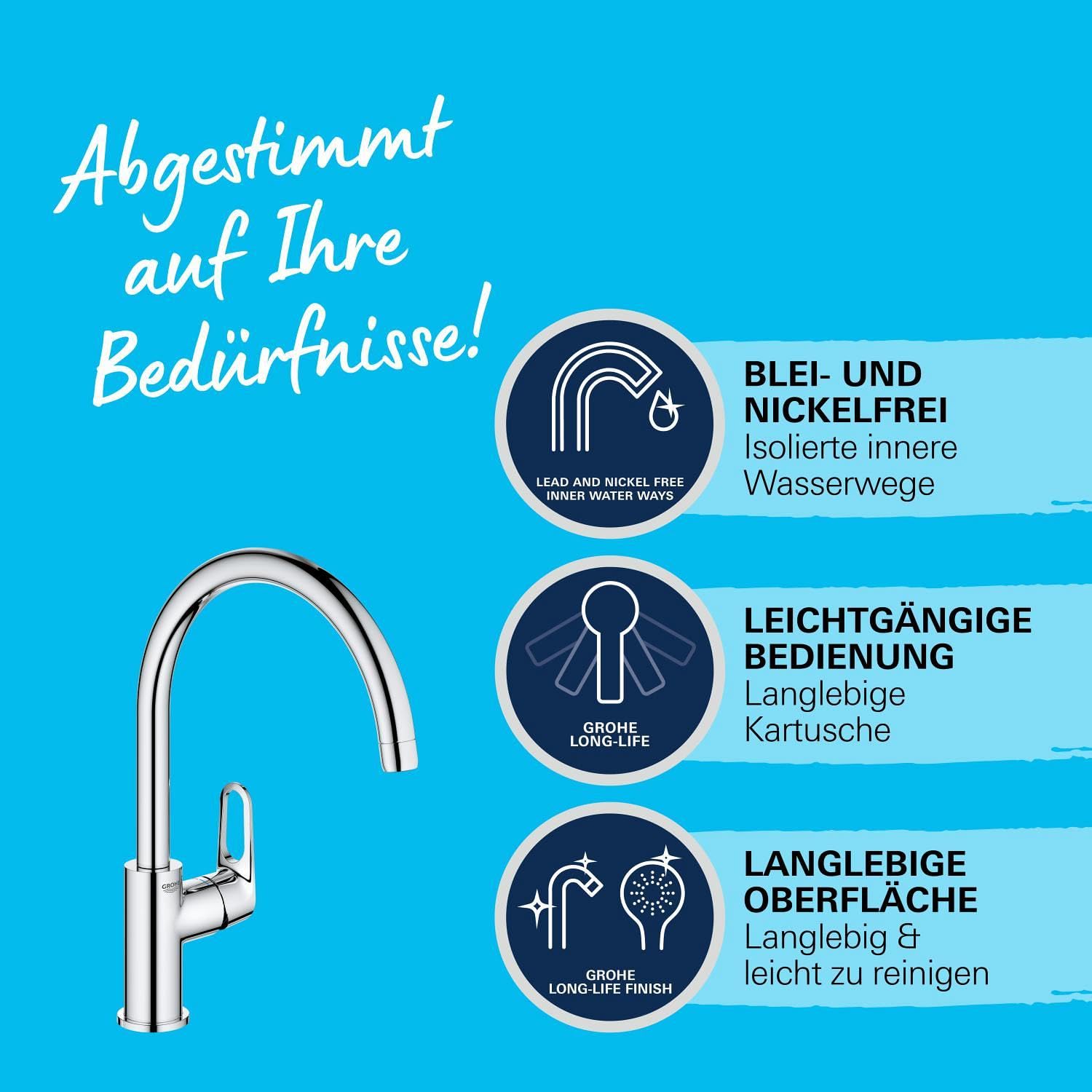 GROHE Start Flow, Küchenarmatur mit hohem Auslauf (Wasserhahn für die Küche, Spültischarmatur mit praktischem 360° Schwenkbereich, werkzeugfreie Spülbecken-Montage), chrom, 31555001