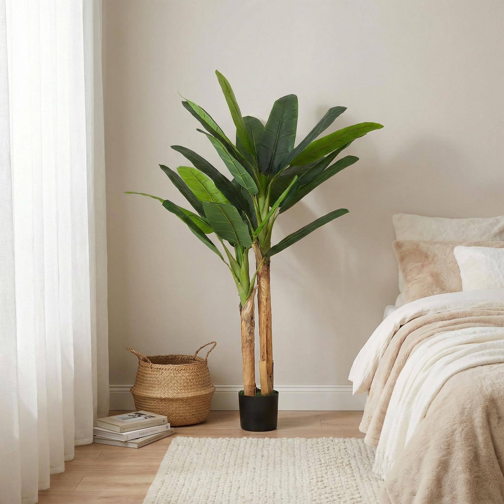 HOMCOM Árbol de Plátano Artificial 150 cm, Planta Artificial Decorativa con Maceta y 2 Troncos, para Decoración del Interior, Hogar, Oficina, Salón, Verde