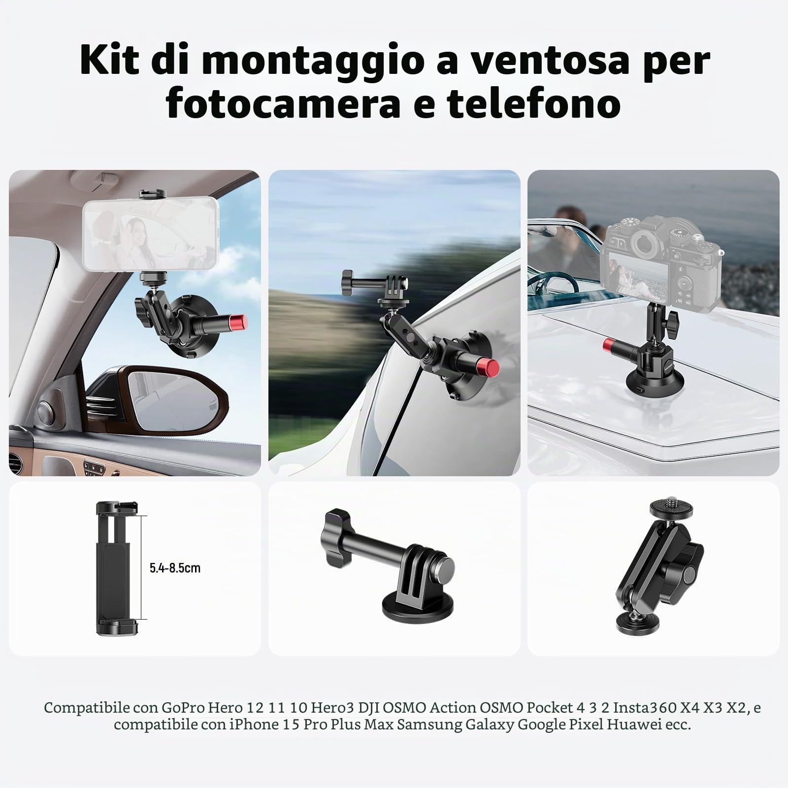 NEEWER Supporto Fotocamera a Ventosa da 3"+Magic Arm con Testa Sfera, Fori per ARRI 1/4", Supporto Auto con Porta Telefono e Adattatore Action Camera Compatibile con iPhone GoPro DJI Insta360, CA104