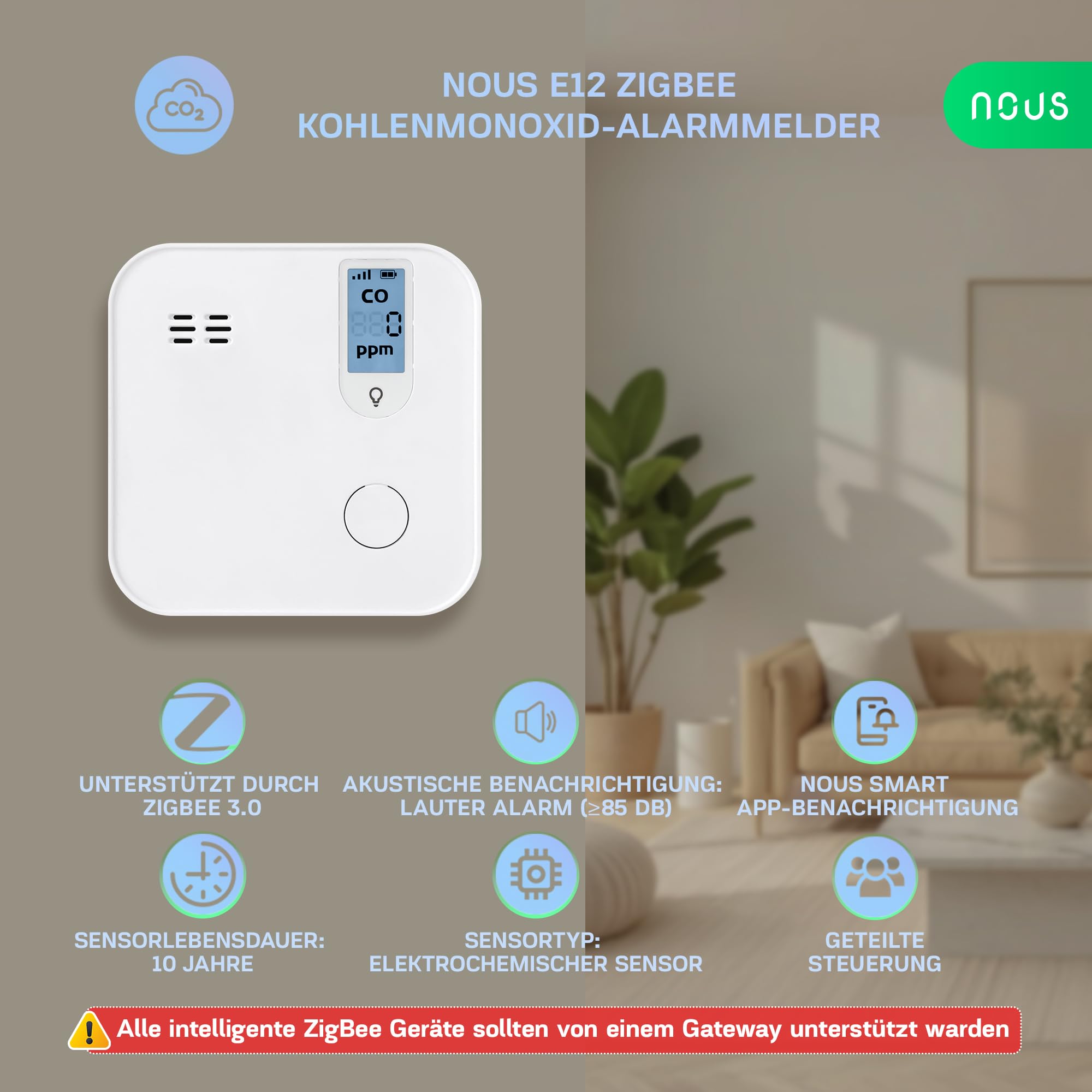 NOUS E12 ZigBee Kohlenmonoxidmelder mit LCD-Anzeige, 85 dB Alarm, App-Benachrichtigung, 10 Jahre Sensordauer, kompatibel mit Alexa & Google Home