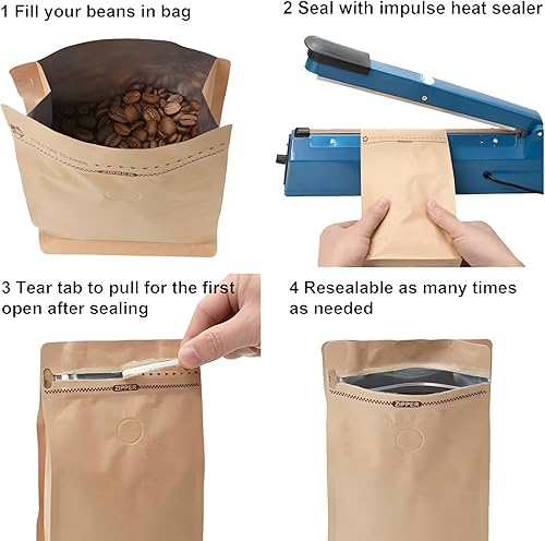 Miniatura 4 de Muka 50 bolsas de café Kraft de 8 onzas, bolsas de café reutilizables de grado alimenticio de alta barrera forradas con papel de aluminio de fondo