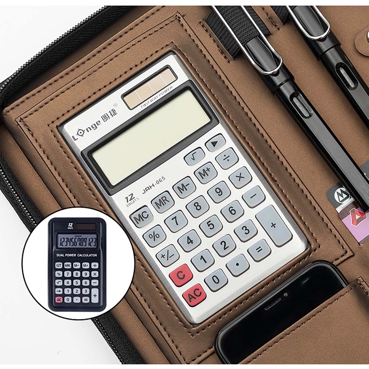 Teczka konferencyjna Organizer na dokumenty， Teczka A4 z schowkiem i miejscem do przechowywania, segregator z kalkulatorem, zamykany na suwak, na CV(Blauw,12digit solar calculator)