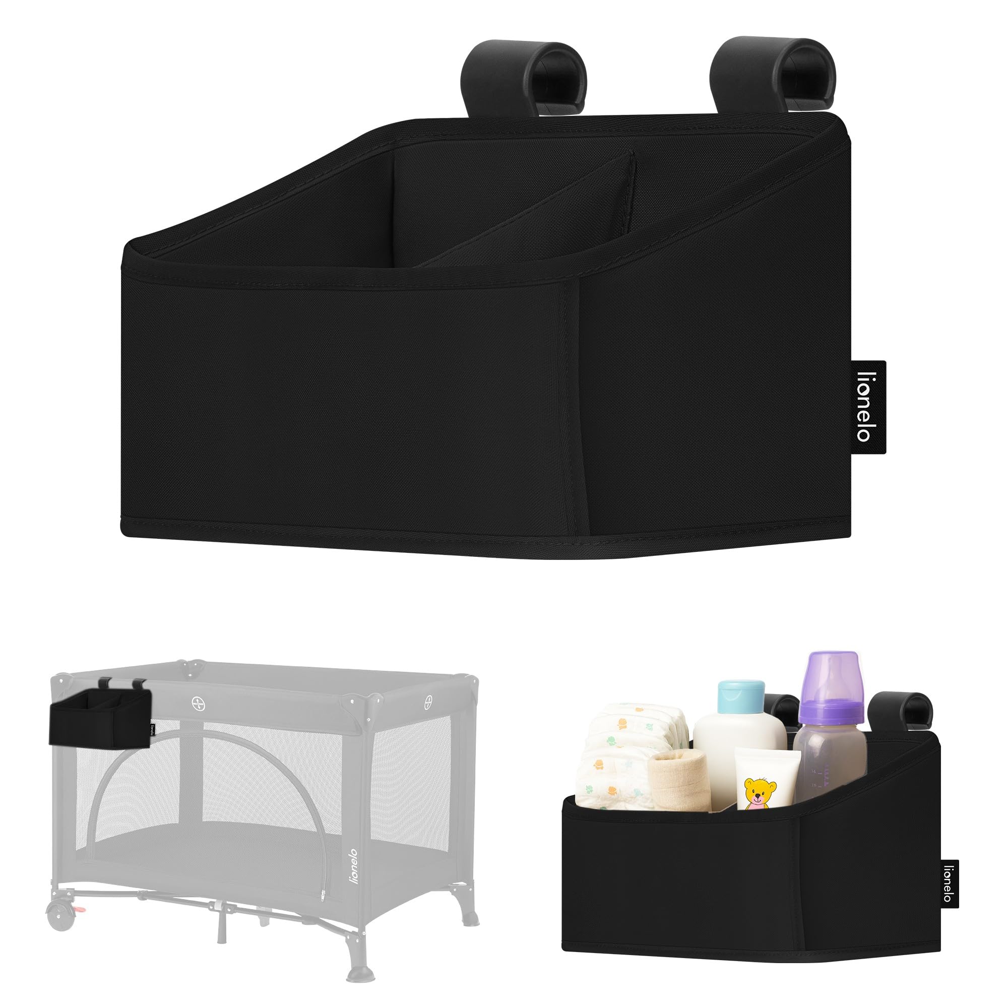 lionelo Sidepocket Small Hanging Nursery Organiser 26×12×15 cm – Compact Cot Storage with 2 Compartments – Fits Travel Cots, Bedside Cots, Cribs & Playpens