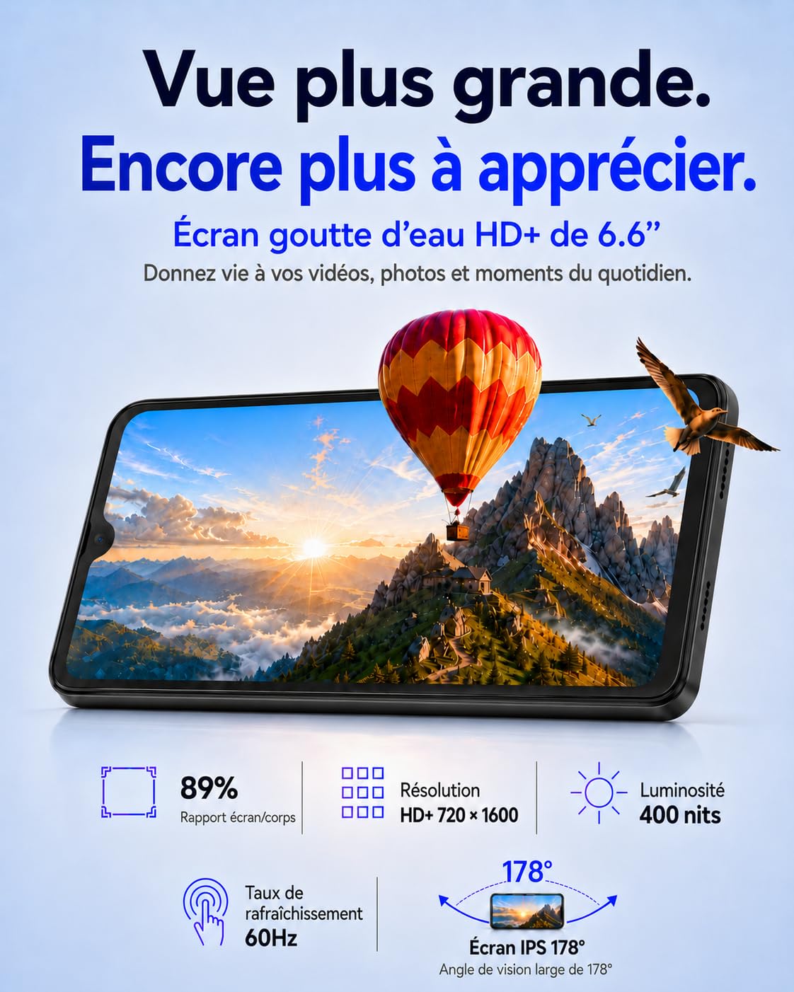 invens Note TK01 Téléphone Portable 4G débloqué, 7 Go RAM, 32 Go, HD+, Noir | Écran 6,5 pouces, batterie amovible 4250 mAh, double SIM, Face ID, caméra 16 MP, USB-C, jack 3,5 mm et extension TF à 256 Go.