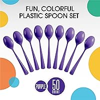 Vista 3 de Exquisite Cucharas de plástico moradas, 50 piezas, cucharas moradas, utensilios desechables, juego de cubiertos de plástico resistente