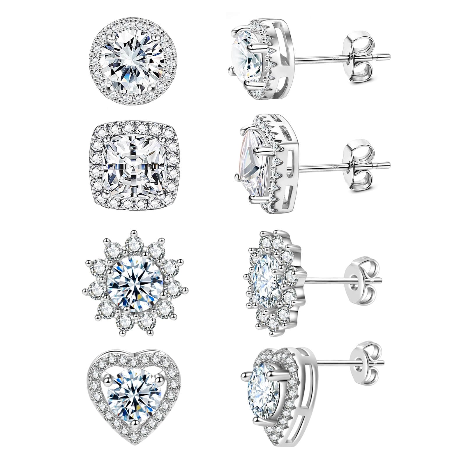 4 Pairs Plated 925 Sterling Silver Stud Earrings for Women Men Cubic Zirconia Round Square Heart Flower Diamond Hypoallergenic Earrings Set, larger, Brass, Cubic Zirconia