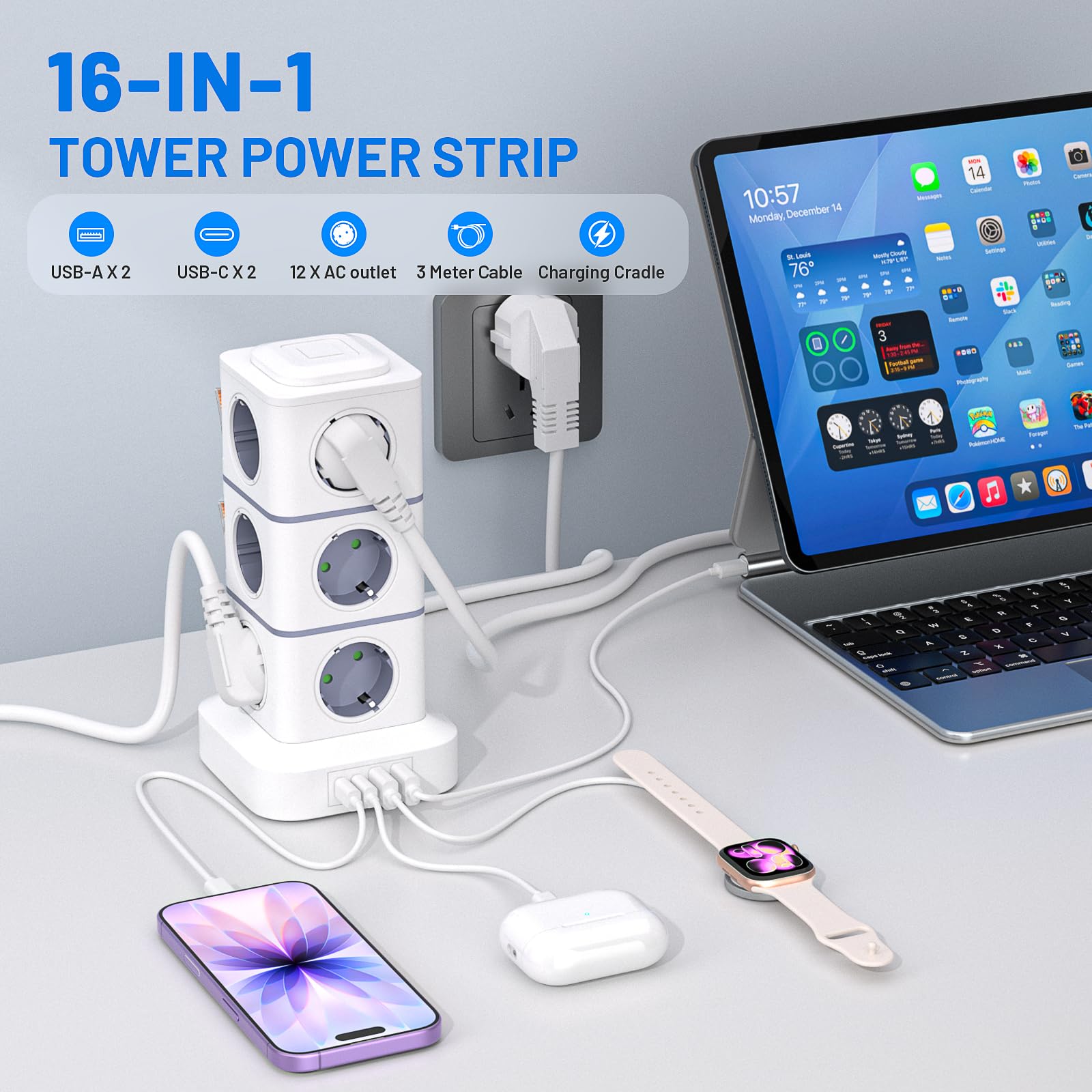 Power Strip Sockets 16 in 1 Vertical Power Strip Plugs with 12 Outlets and 2USB-A 2USB-A 2USB-C Tower Power Strips Sockets 2500W/10A Overload Protection 3 Meter Cable with Switch for Office Home — view 2