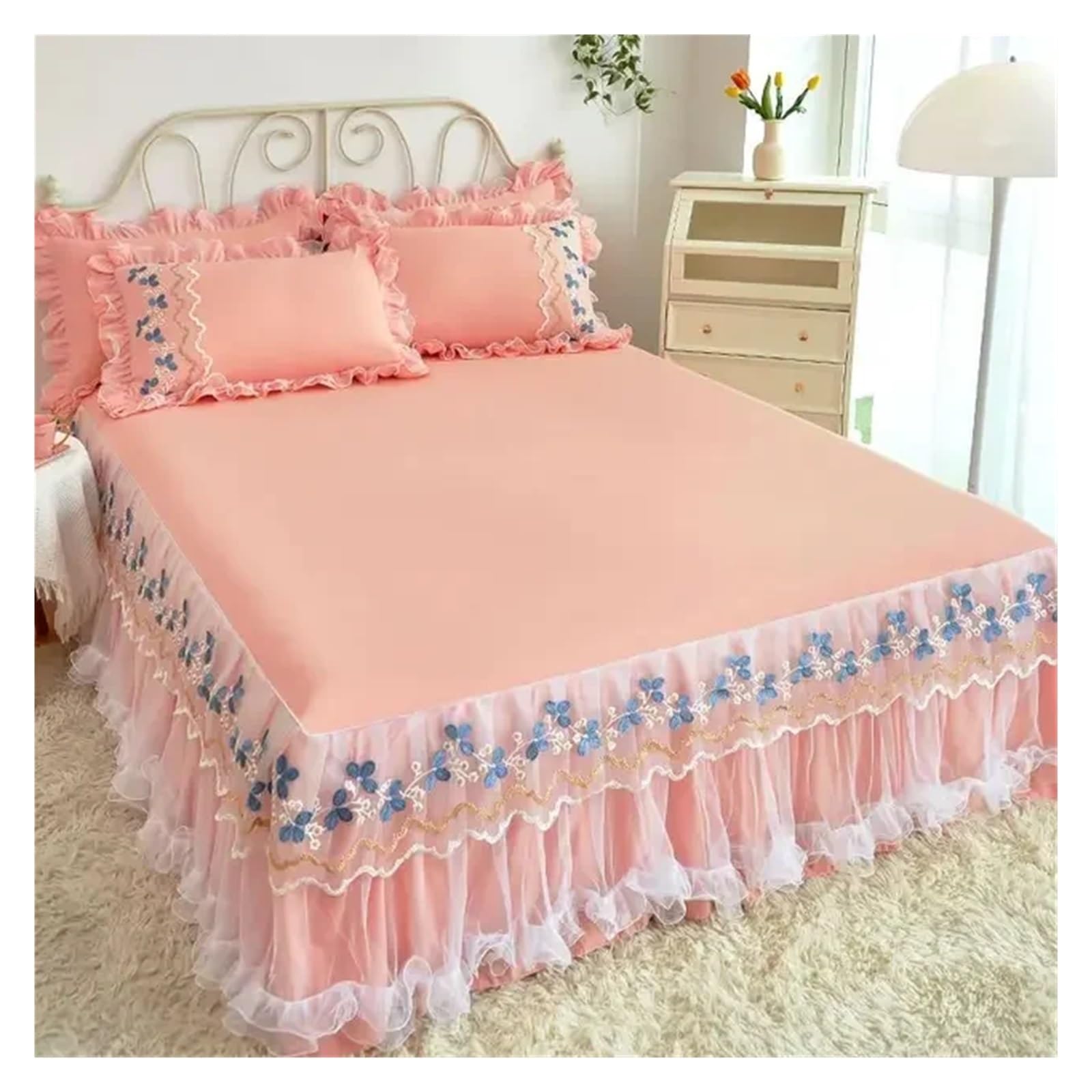 Lace Lotus Leaf Lace Bed Skirts Solid Color White Pink Bedspread Bed Cover Non-Slip Sheets Without Pillowcase(02,180x200cm 3pcs)