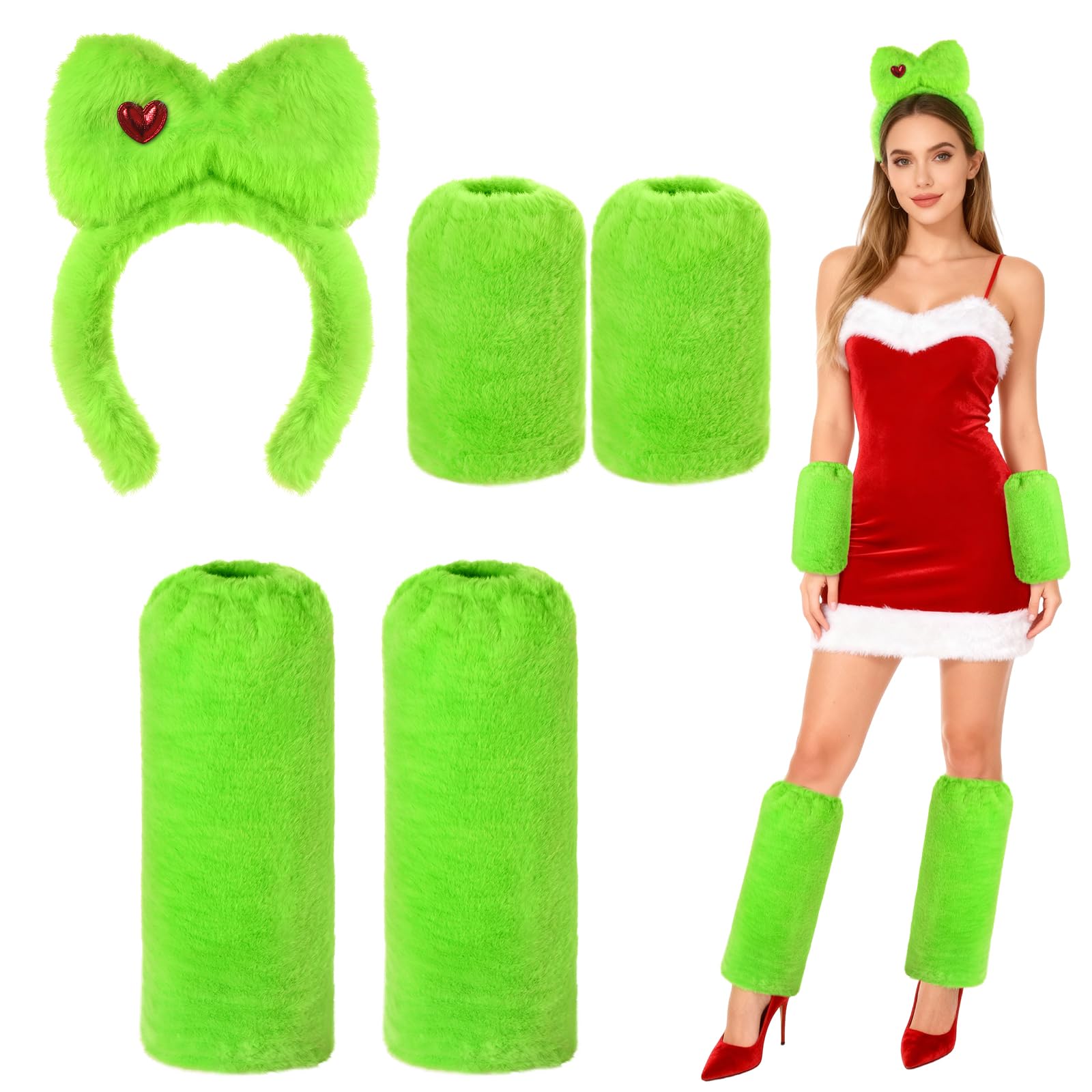 Beipegin 3PCS Green Monster Christmas Costume Women, Green Fuzzy Faux Leg Warmers Fluffy Gloves Furry Bow Headband, Women Monster Santa Costume Accessories for Christmas Outfits Holiday Party Cosplay