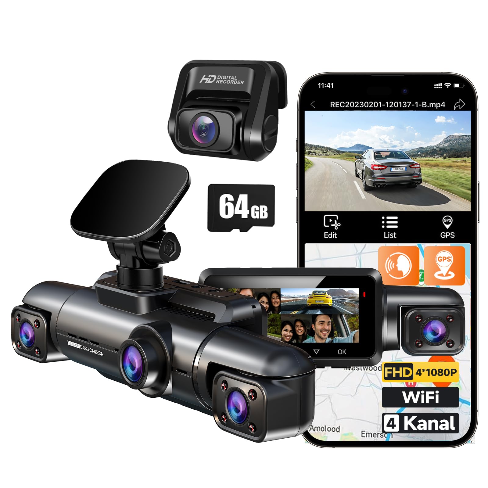 HUPEJOS 360° Dashcam Auto Vorne Hinten 4 Kanal Dash Cam Auto Kamera FHD 1080Px4,4×150° Weitwinkel,WDR-Nachtsicht (8 IR-LEDs), 3,18