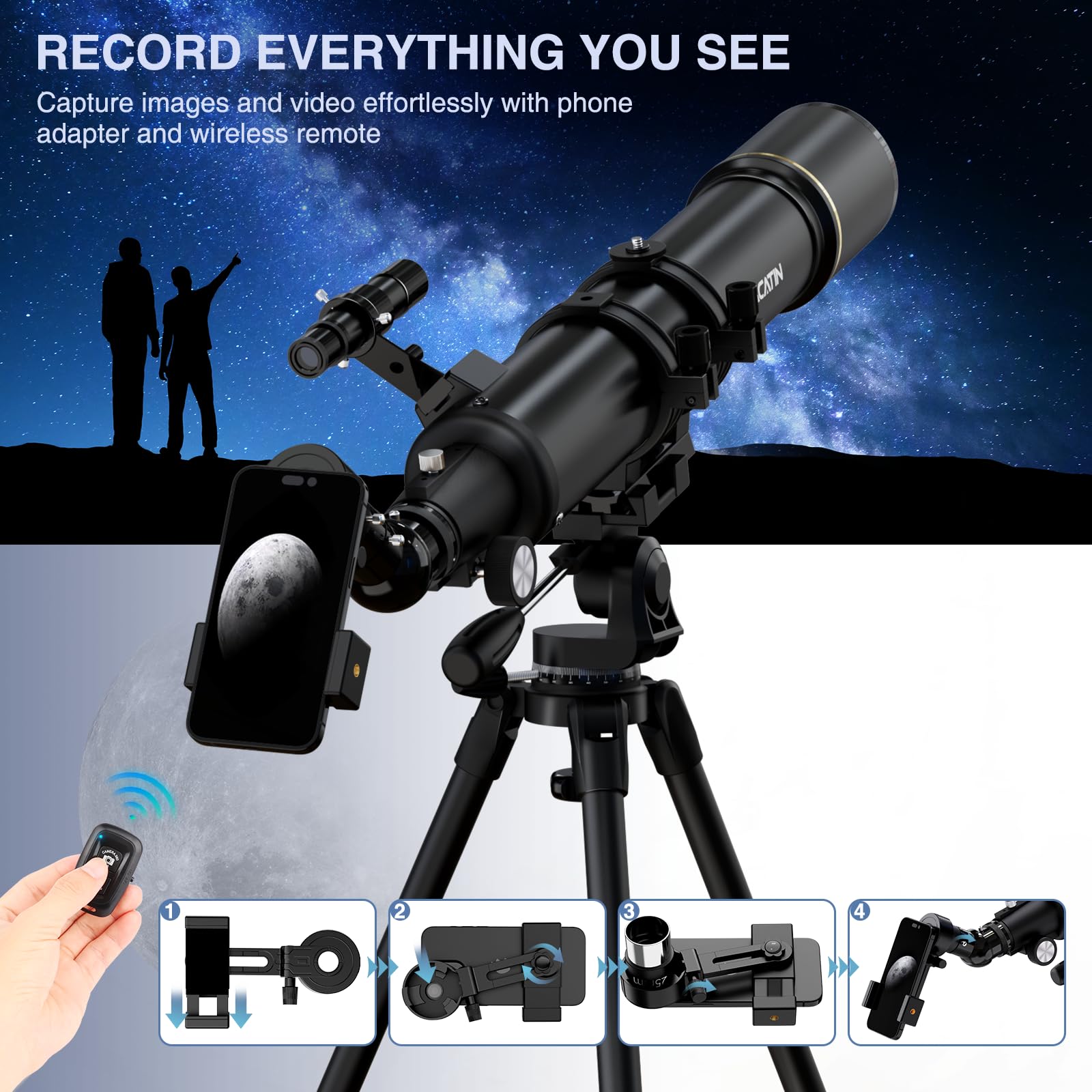 Teleskop astronomiczny dla dorosłych i początkujących – otwór 90 mm, refraktor 800 mm, z powiększeniem 32X-240X, stabilny żelazny statyw, adapter do smartfona i plecak – na księżyc, planety i gwiazdy