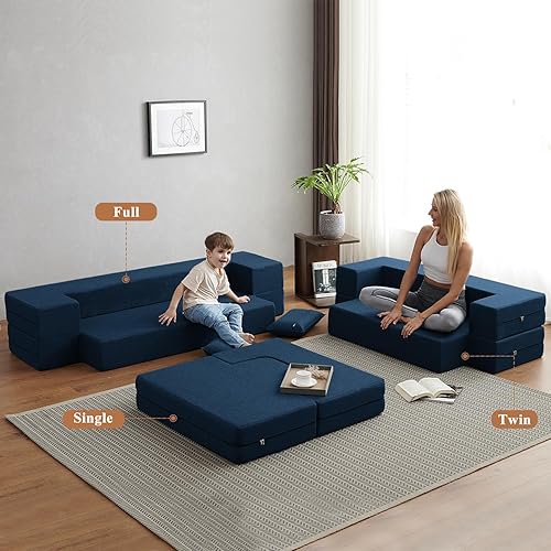 Miniatura 6 de FILUXE Sofá plegable convertible  Mesa de centro moderna de tela de lino, sofá plegable para suelo y futón, silla que ahorra espacio con almohada