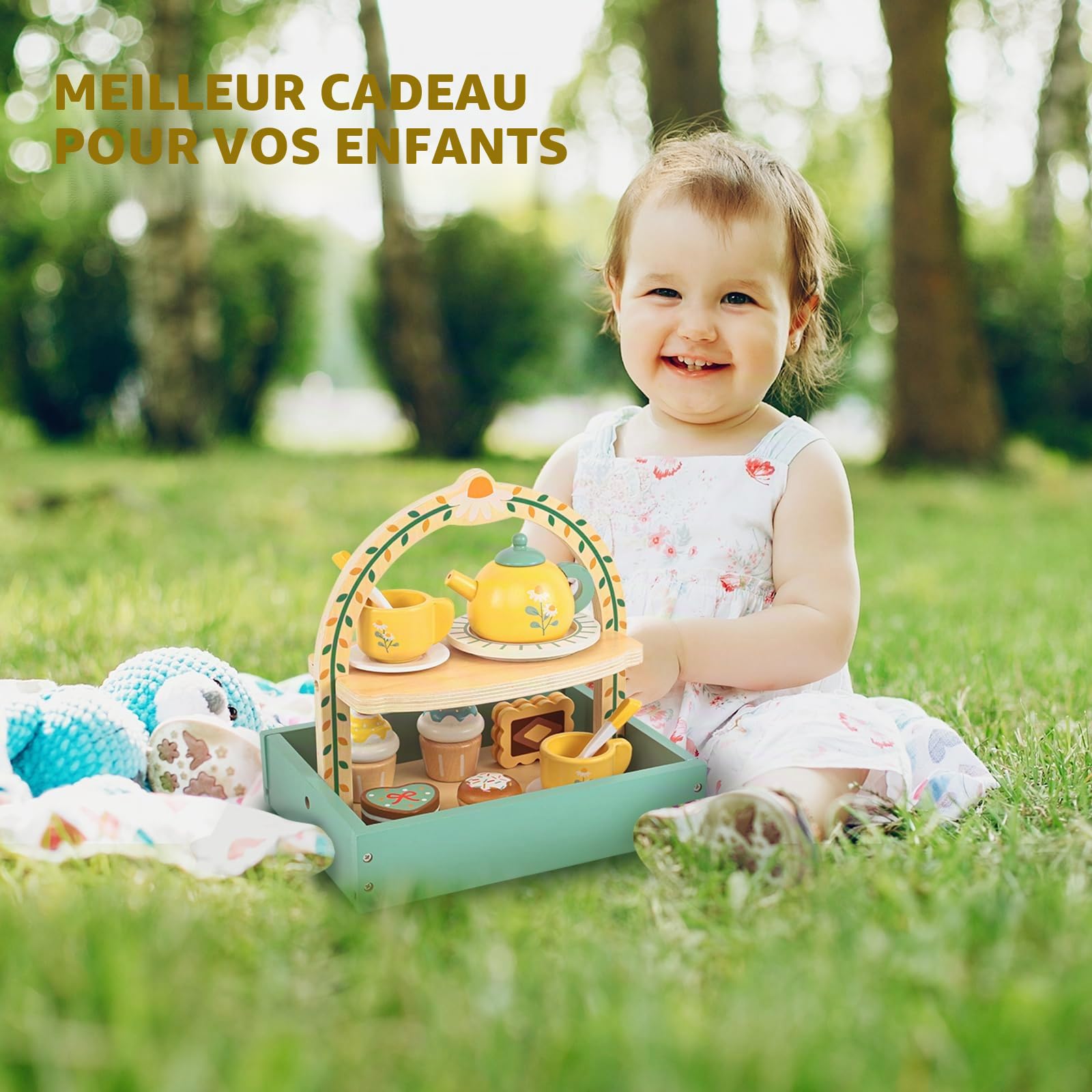 Service à Thé pour Enfants,Service à Thé Jouets,Jouet de Cuisine Faisant Semblant avec Support à Gâteaux,Jouets en Bois pour Tout-Petits de 3 à 5 Ans pour Pâques Noël Cadeau Anniversaire
