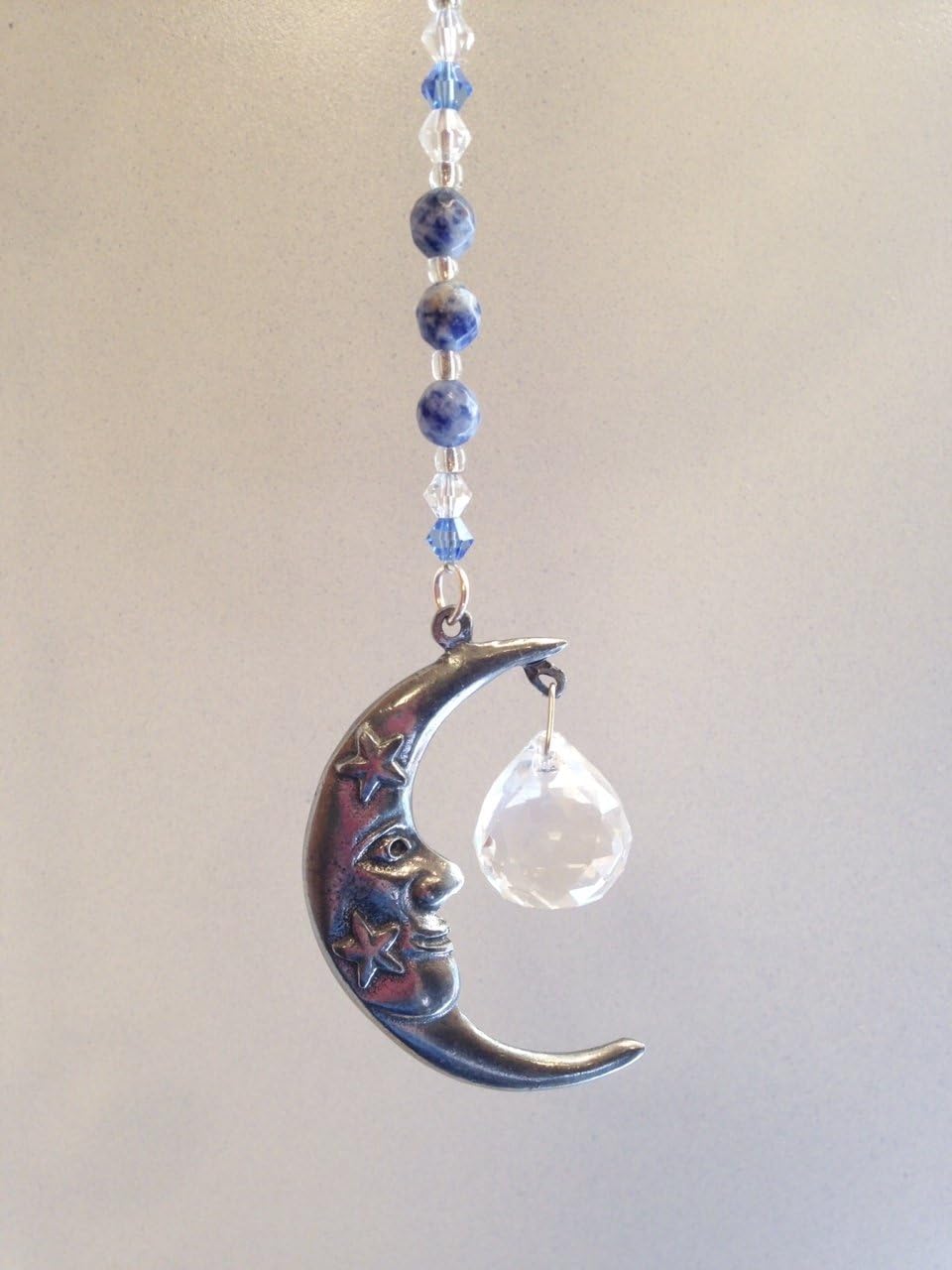 Pewter Moon Rear View Mirror Crystal Car Charm Sun Catchers, Pewter Moon Window Sun Catcher with Sodalite Gemstones, Window Ornament, Crystal Ball Prism Suncatcher,Feng Shui Rainbow Maker