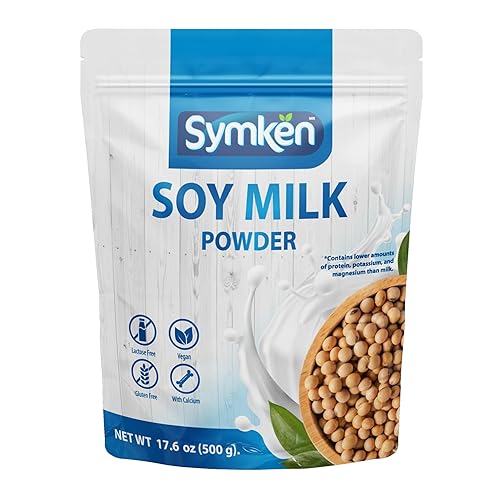 SYMKEN Leche de soja en polvo sin azúcar, 17.6 onzas (17.64oz), vegana, alta en proteínas, sin gluten, sin lactosa, sin OMG, a base de plantas, sin