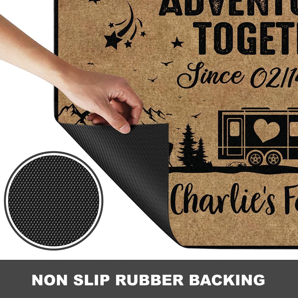 Personalized Camping Doormat - Adventuring Together Since Couple Outdoor RV Camper Mat - Custom Name RV Camping Accessories for Travel - Funny Doormat Entry Trailver Rug Gift
