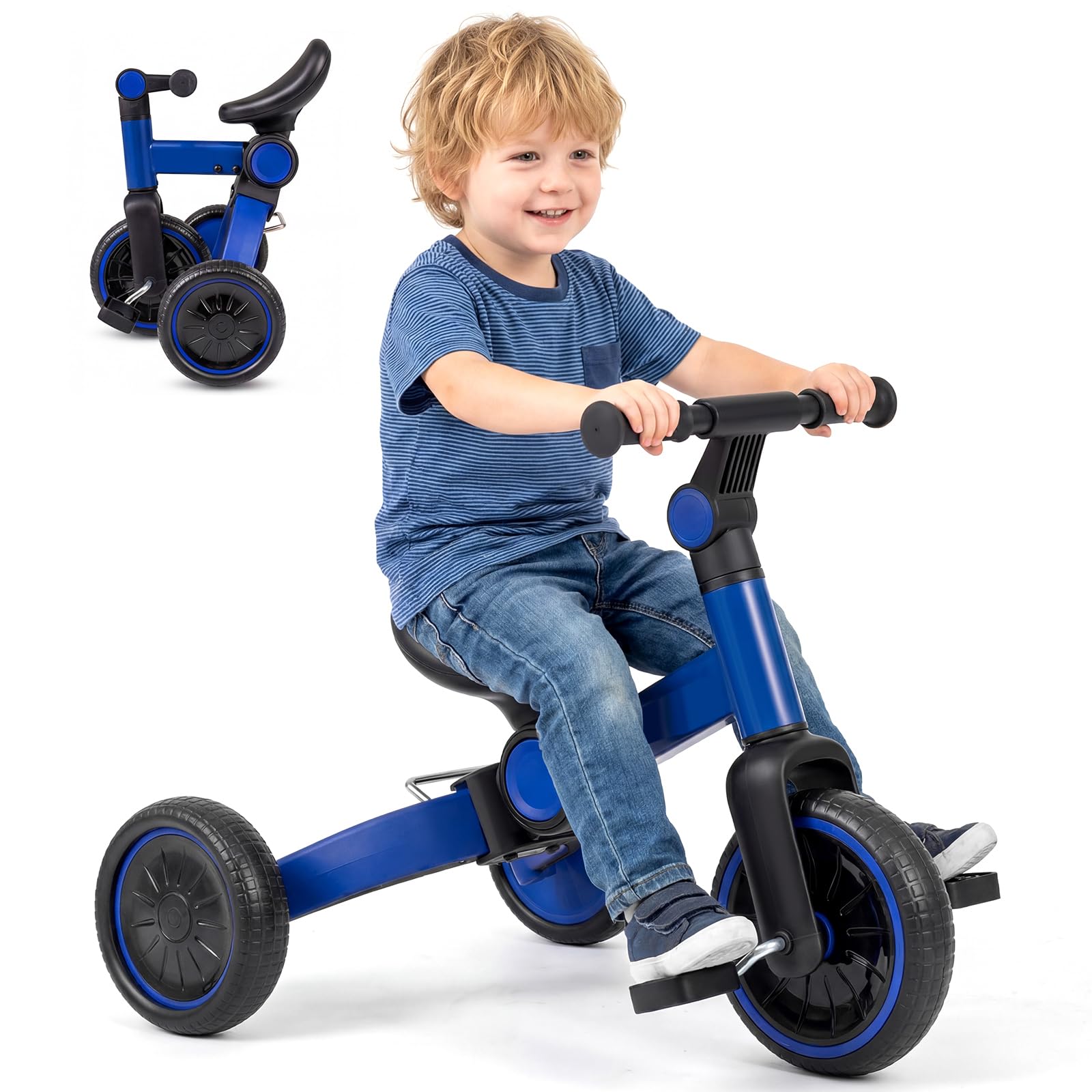 GYMAX Toddler Tricycle, Kids Trike with Adjustable Handlebar and Removable Pedals, Foldable Children Balance Bike for 2-4 Years Old Boys Girls (Blue)