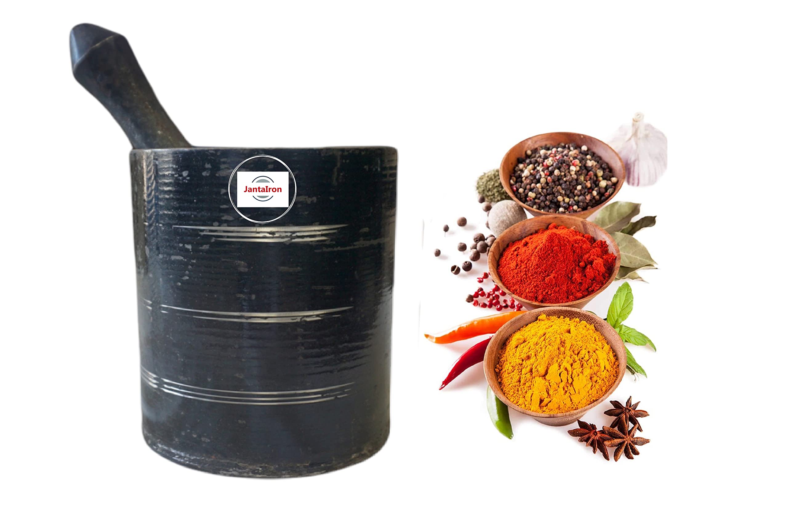 JANTAIRON Heavy Traditional Indian Iron Khalbatta/Spice Mixer Mortar and Pestle Set for Kitchen