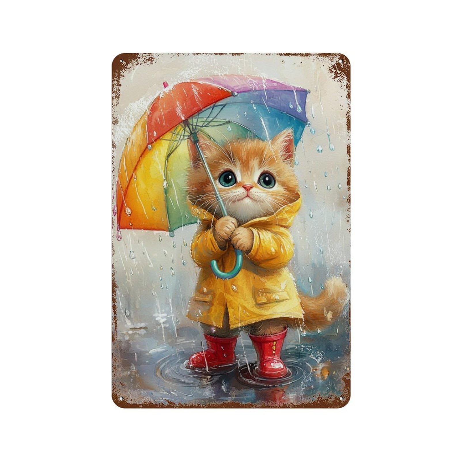 Rainy Day Kitten with Umbrella-5 Retro Metal Sign 11.8"x7.9", Vintage Wall Decor for Bistro, Counter And Cafe Decor