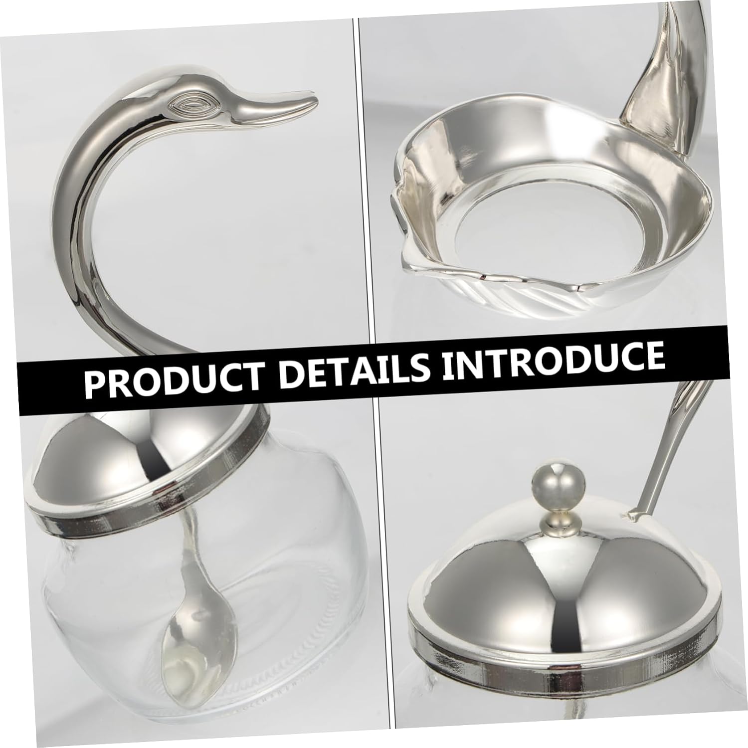 SHOWERORO Swan Shape Glass Condiment Pot with Spoon Holder for Sugar Spices