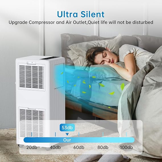 8,000 BTU Portable Air Conditioner, Portable AC Built-in Cool < 50dB, with Dehumidifier and Fan Modes, Remote Control and Installation Kits, Cools up to 350 Sq.ft, White