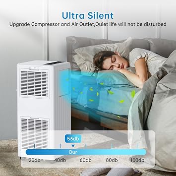 8,000 BTU Portable Air Conditioner, Portable AC Built-in Cool < 50dB, with Dehumidifier and Fan Modes, Remote Control and Installation Kits, Cools up to 350 Sq.ft, White