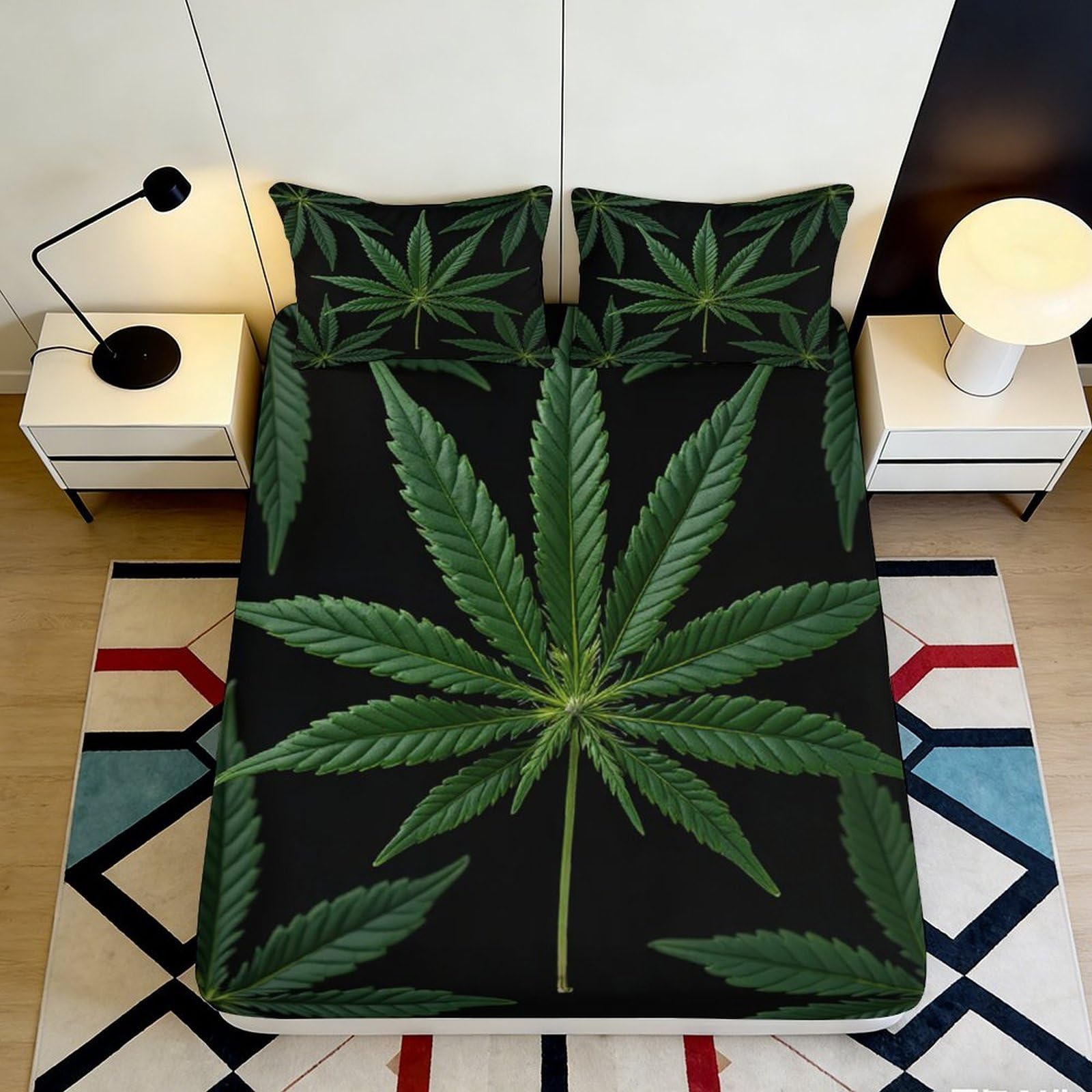 3D Printed Cannabis Leaf Fitted Sheet Microfiber Anti-Slip Green Botanical Bed Cover for Bedroom Dorm Easy Care 90x200x25cm