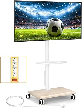 5Rcom Rolling TV Stand with Power Outlet for 32-60 inch TVs, Swivel and Height Adjustable Mobile TV Stand with Shelf, Strong TV Cart on Wheels up to 88 lbs for Living Room, Bedroom and Office, White