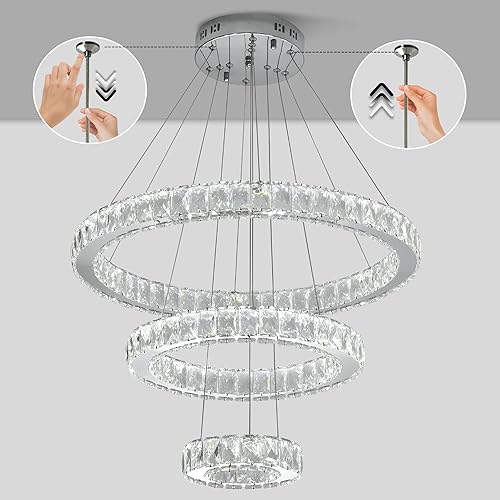 Miniatura 9 de Lámpara de araña de cristal LED grande, 3 colores moderna iluminación de techo, 3 anillos colgantes lámpara colgante ajustable, lámpara de techo