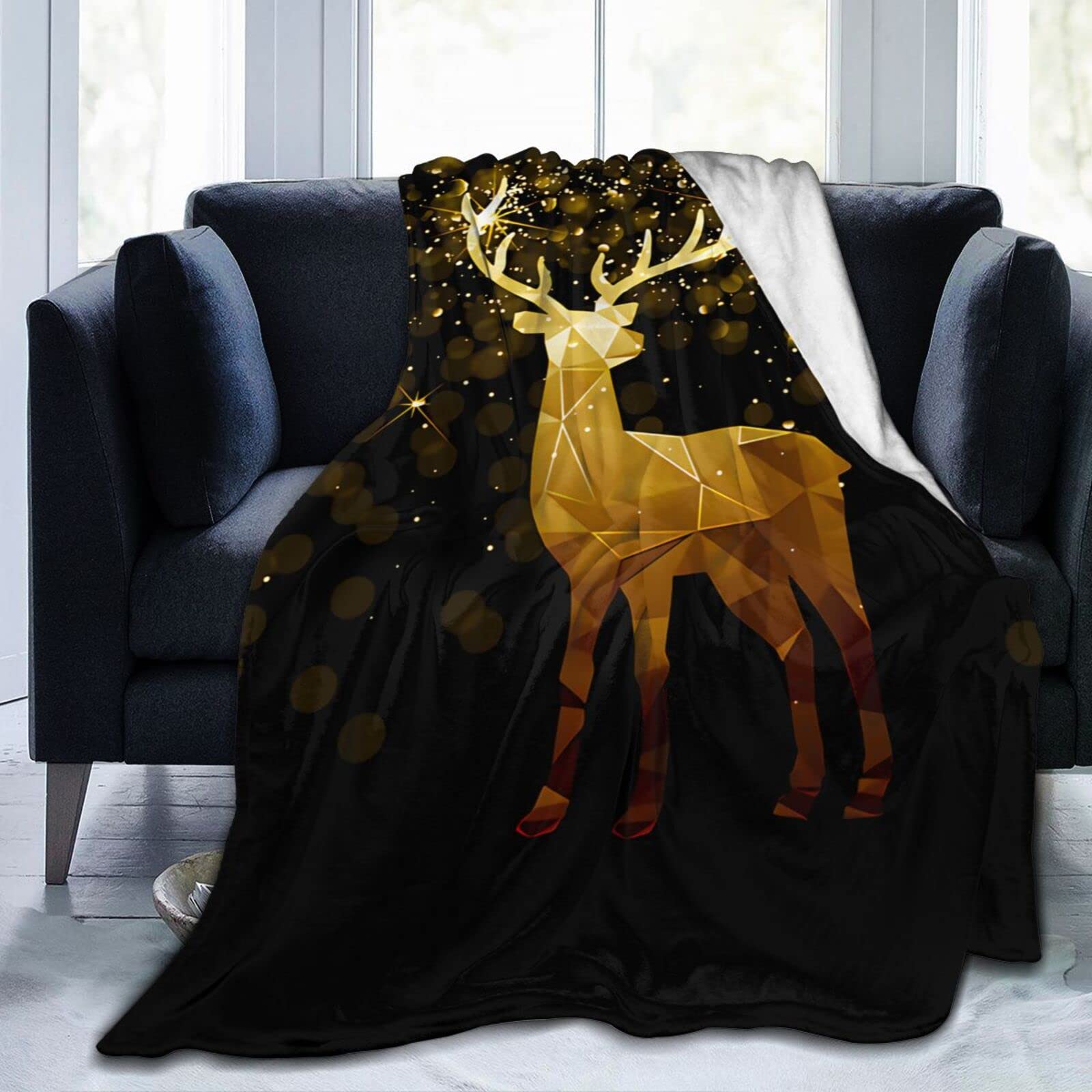 Lsjuee Christmas Reindeer Throw Blanket Warm Cozy Blankets Lightweight Soft Cozy Flannel Winter Holiday Blanket for Sofa Couch Bed Office Xmas Gift 80"X60"