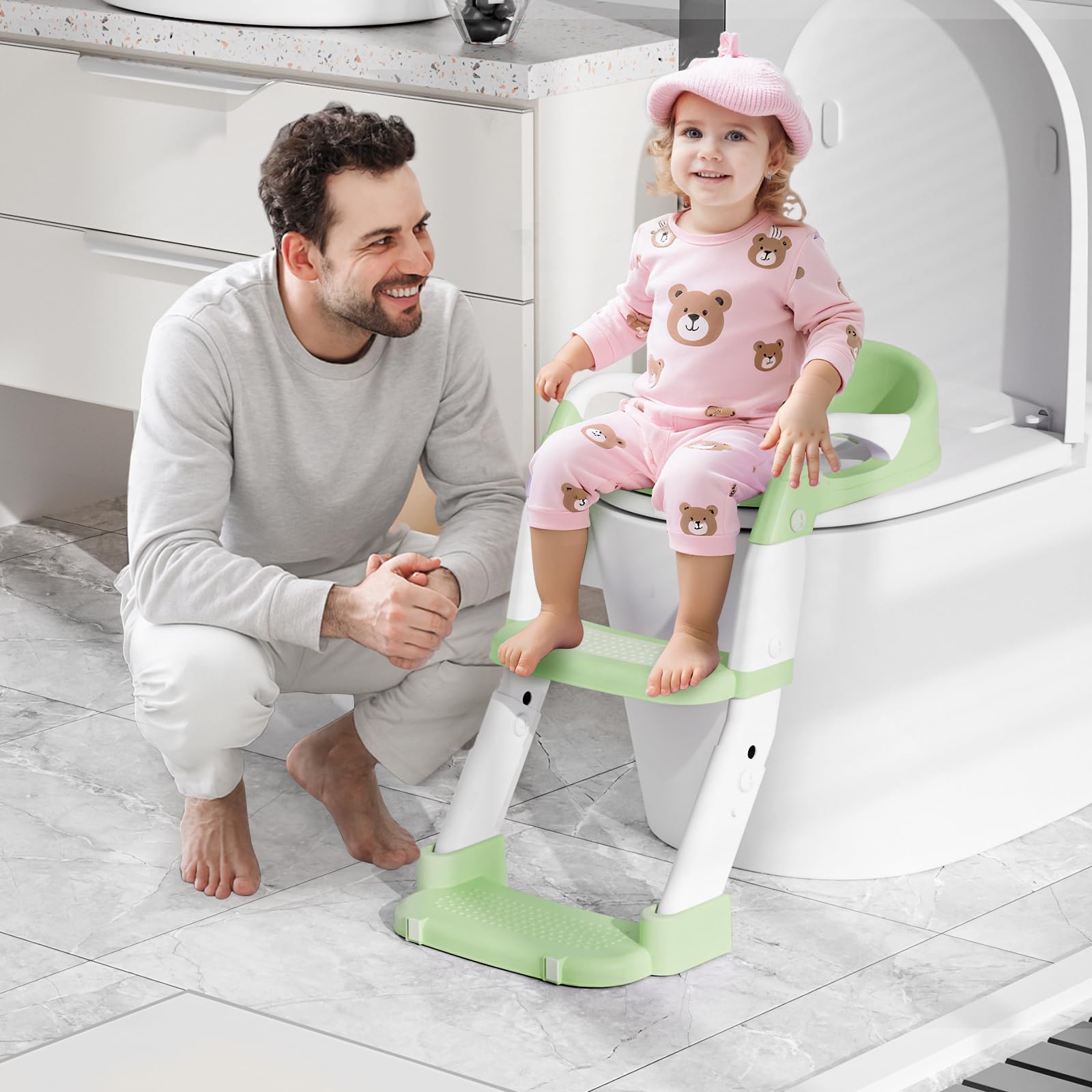 Riduttore WC Bambini con Scaletta, Multifunzione 3 In 1 Scaletta WC Per Water Bambini con Vasino Removibile, Paraspruzzi Estesi Regolabile e Pieghevole Sgabello Antiscivolo, Adattatore per Bambino