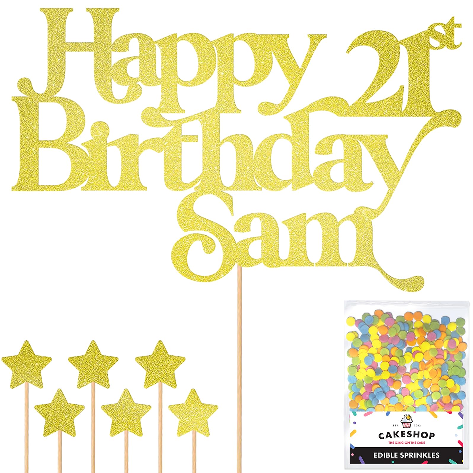 Personalised Happy Birthday Glitter Cake Topper - Champagne Any Name & Any Age Glitter Cake Decoration and Sprinkles - Happy Birthday Decorations - Personalised Toppers for Cakes by Cakeshop