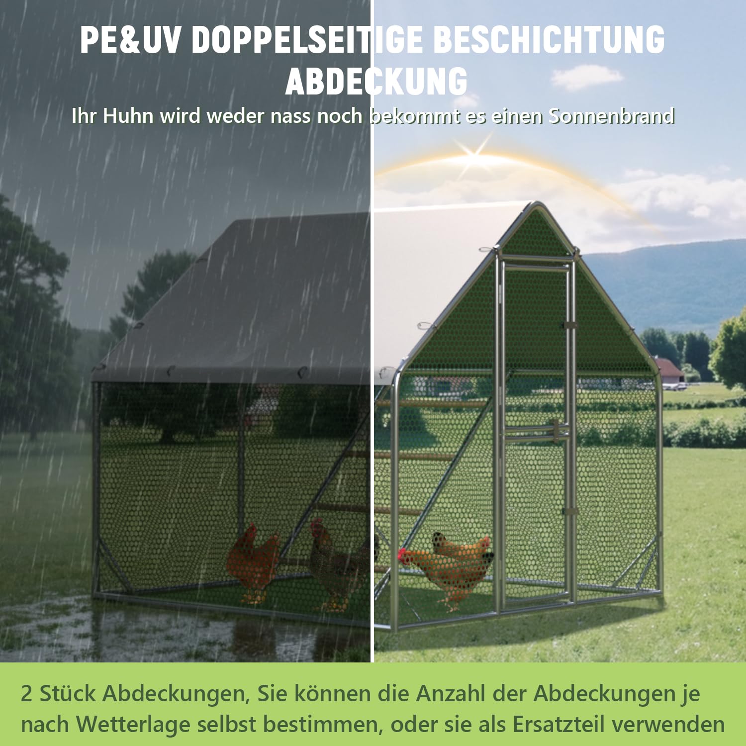 Gallinero grande de metal 2 x 2 x 1,7 m con cubierta de techo, cercado para gallinero para jardín, resistente a la intemperie, para 4 a 6 gallinas, con accesorios y escalera de asiento
