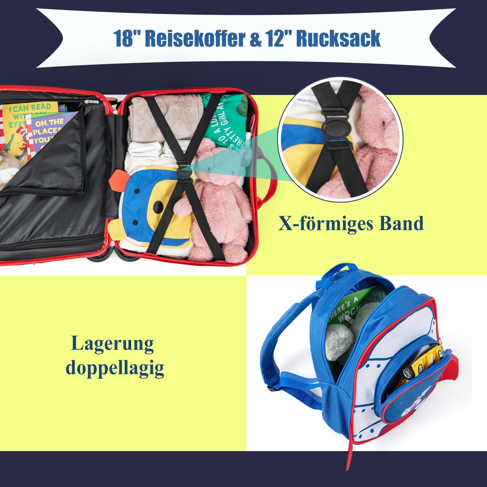SOARS Kinderkoffer & Rucksack 18”+12”, Reisekoffer mit Rollen & Teleskopgriff, Trolley Kinder, Kindergepäck, Hartschalenkoffer, Kindertrolley für Jungen und Mädchen (Astronaut)