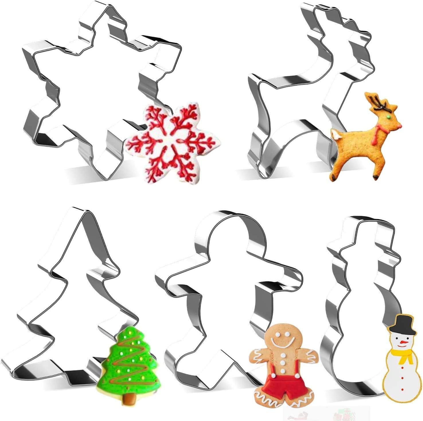5Pcs Christmas Cookie Cutter, Stainless Steel Baking Shape Mold for Making Muffins Biscuits - Gingerbread Men, Snowman, Snowflake, Christmas Tree, Reindeer