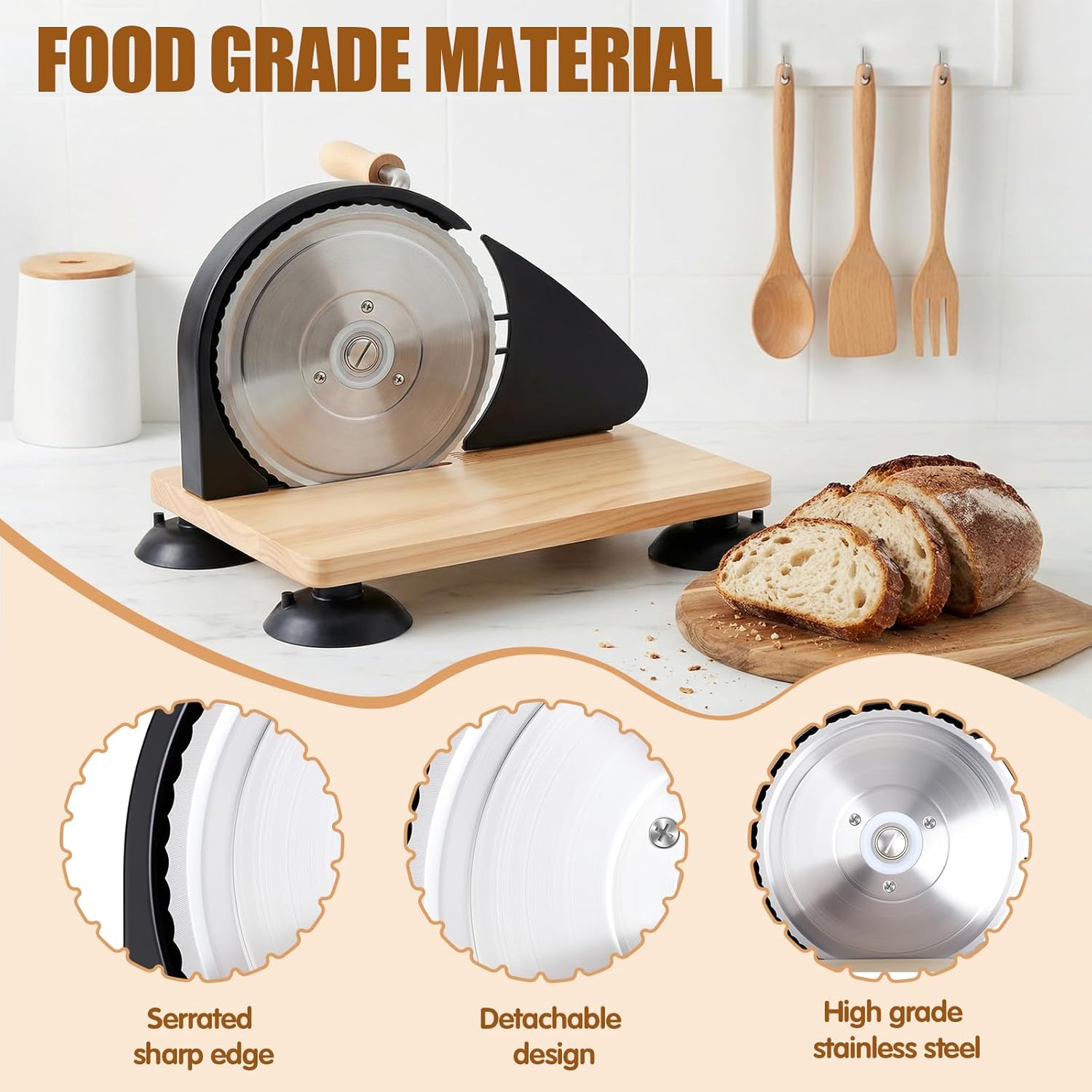 Manual Bread Slicer for Homemade Sourdough Bread, Adjustable Thickness & Evenly Slicing, Hand Crank Bread Slicer with Scale Line and Suction Cup, Serrated Blade Design, Patent Black