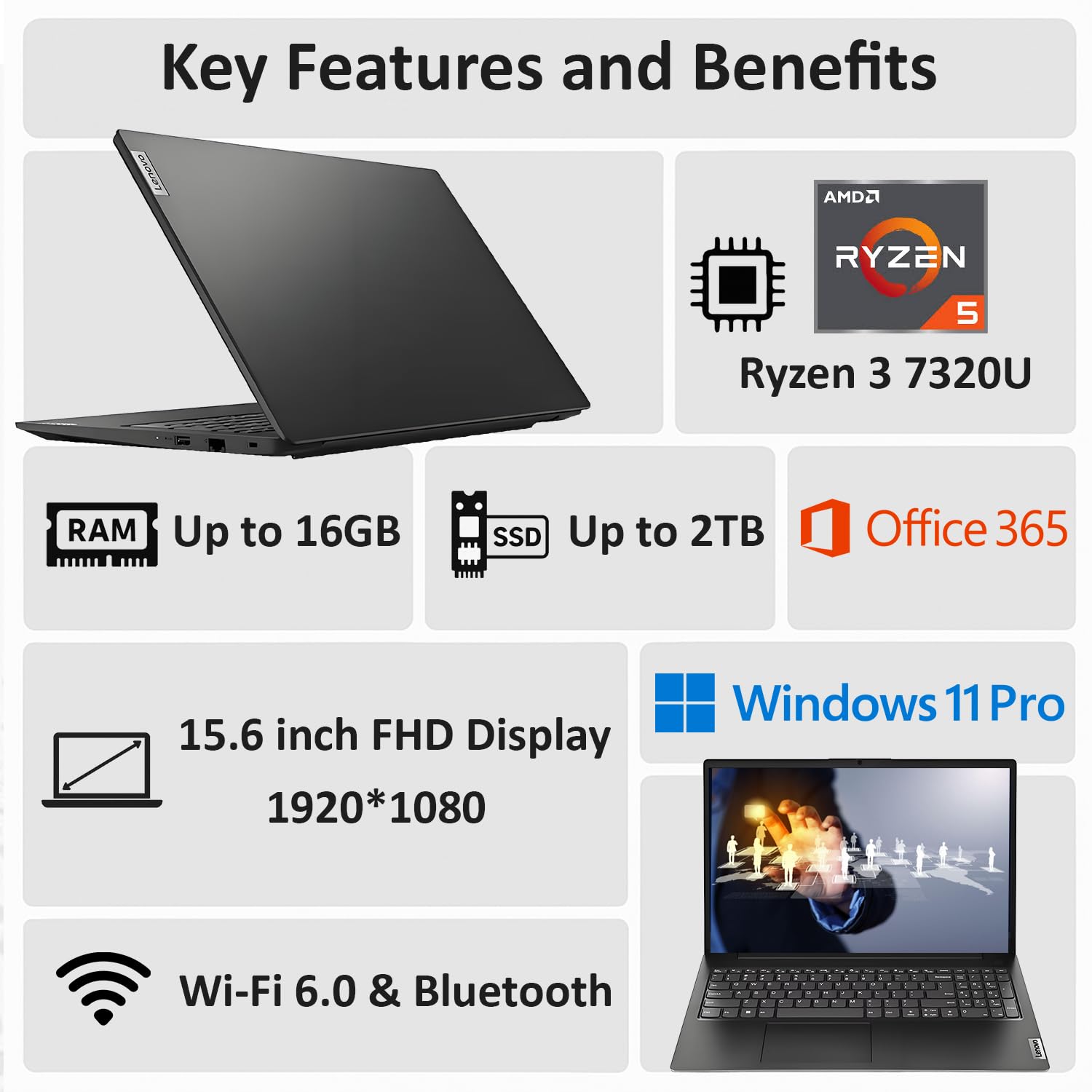 Lenovo 2026 V15 Laptop for Student & Business with Microsoft Office, AMD Ryzen 3 7320U (Beat i7-1065G7), 15.6'' FHD, Long Battery, 16GB RAM, 512GB SSD, Ethernet Port RJ-45, Windows 11 Pro, No Mouse