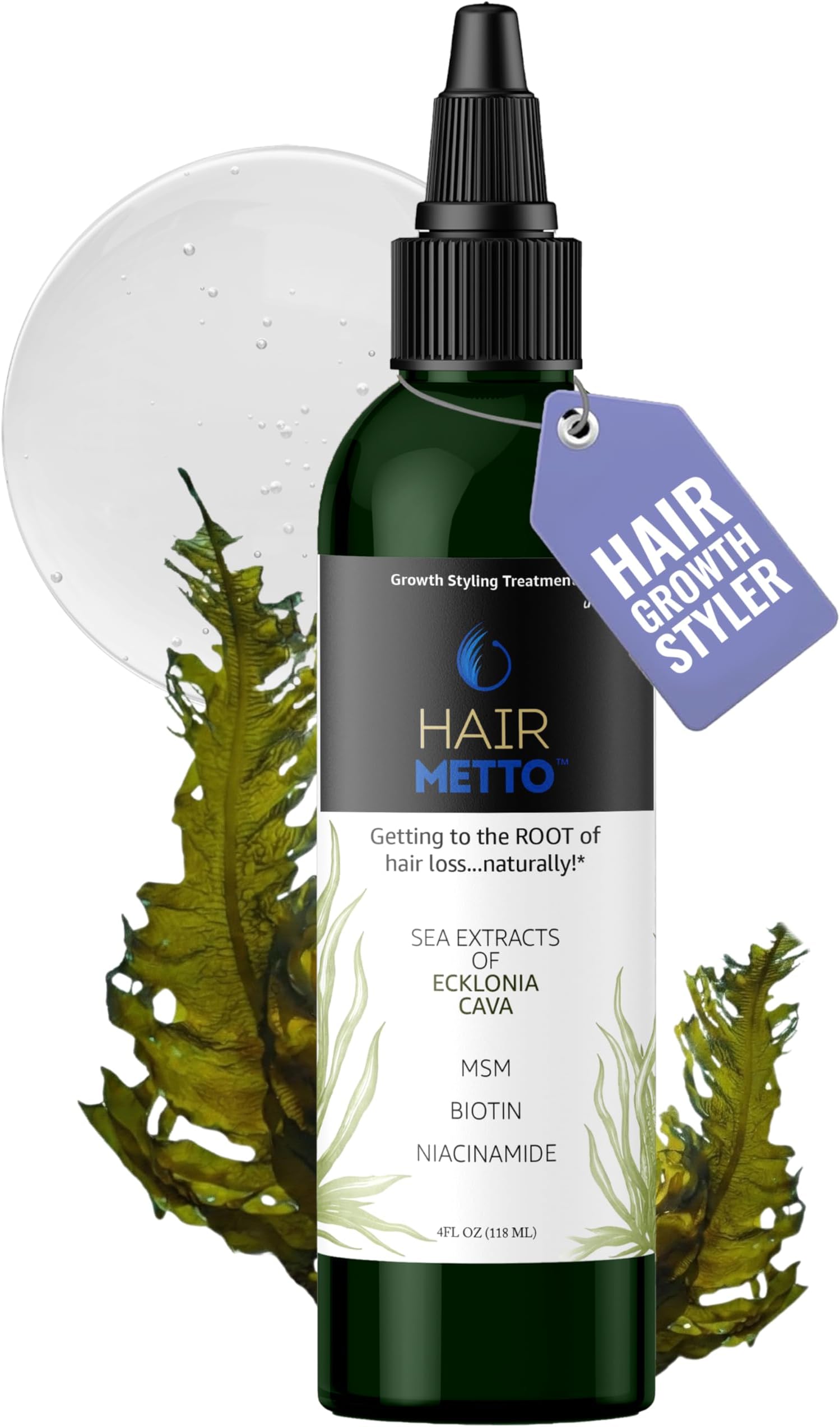 HAIRMETTO® Ecklonia Cava Extract Hair Growth Serum – Styling Gel with Vitamins MSM, Niacinamide & Biotin – Hair Growth Booster for all Hair Types - 4oz (118ml)