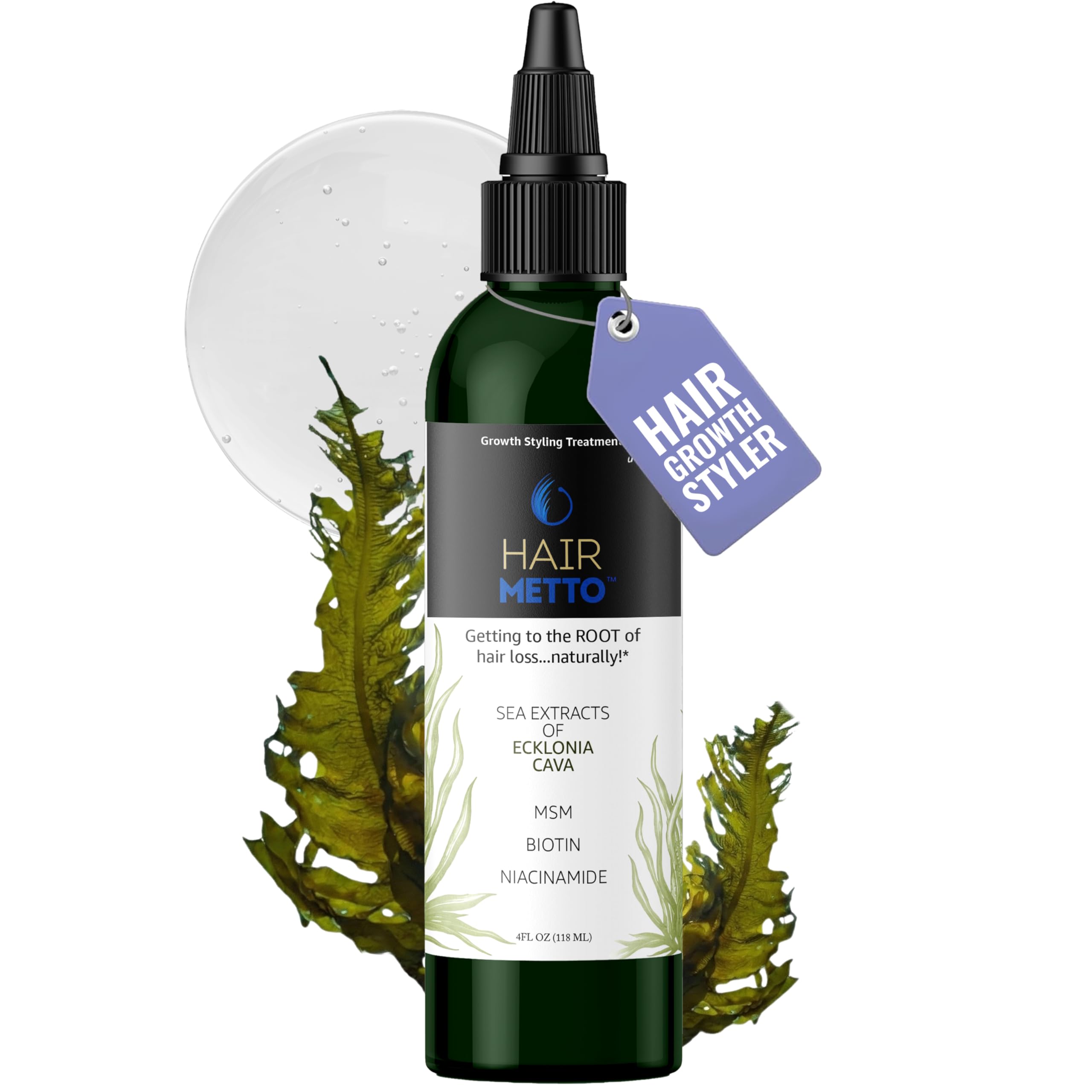 Hairmetto Ecklonia Cava Extract Hair Growth Serum – Styling Gel with Vitamins MSM, Niacinamide & Biotin– Hair Growth Booster for all Hair Types - 4oz (118ml)