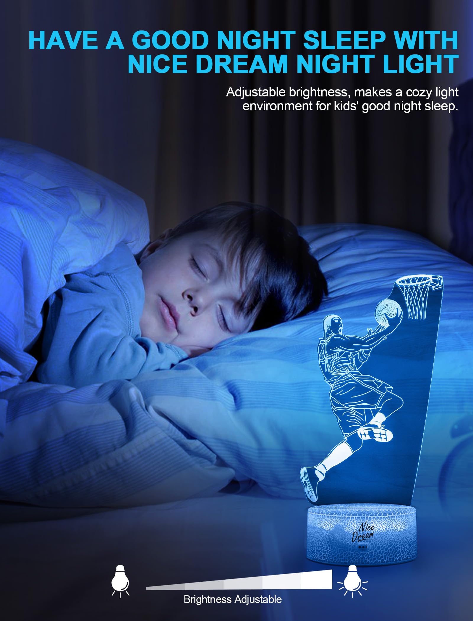 Nice Dream Luce Notturna da Basket per Bambini, Lampada da Illusione 3D Luce LED, Telecomando 16 Cambia Colore Dimmerabile, Regali di Natale per Ragazze Ragazzi Arredamento Camera da Letto