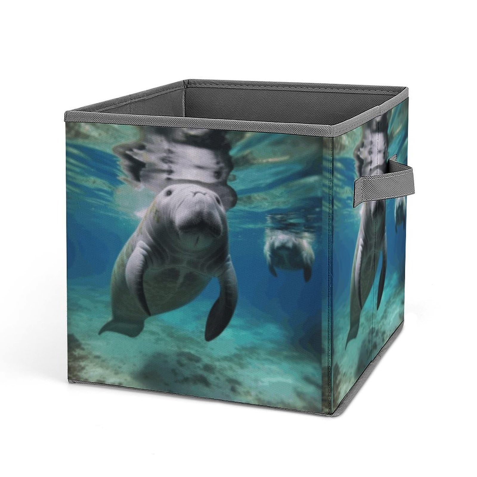 Ocean Animal Manatee Storage Baskets Collapsible, Exquisite Pattern Cube Box, Canvas Fabric Storage Bins with Handles, Clothe Organizer Box for Home Decorative Office Bedroom