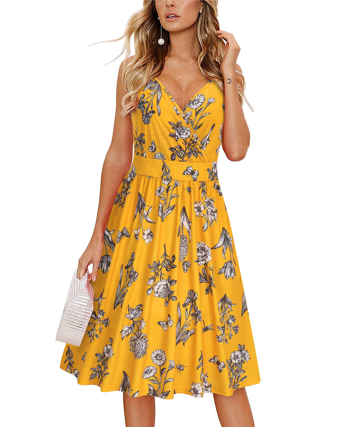 VOTEPRETTY Women's V Neck Floral Spaghetti Strap Sundress Casual Summer Party Swing Dress with Pocket