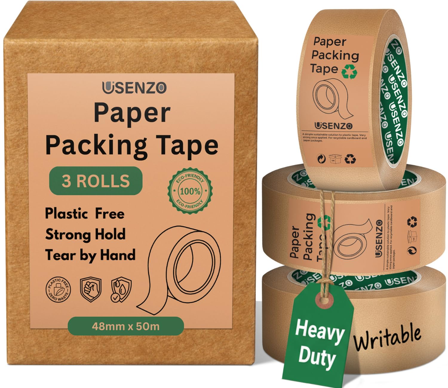 Usenzo Pack of 3 Heavy-Duty Kraft Tape - 48mm x 50m Clean Tear Brown Paper Tape for Parcels - Reliable Paper Packing Tape and Picture Framing Tape
